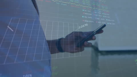 Tech-Savvy African American Man Using Smartphone with Financial Data Overlay