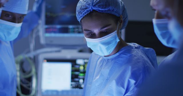 A team of doctors is performing an operation in an advanced surgery room. This image can be used in contexts related to healthcare, medical procedures, hospital operations, teamwork in medicine, professional healthcare environments, and surgical care advertisements.