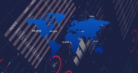 Stylized digital world map with data points and analytics display