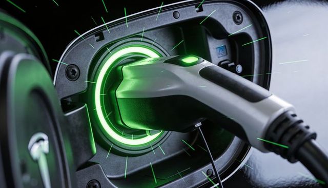 Electric vehicle charging plug connecting to port with green led ring glowing