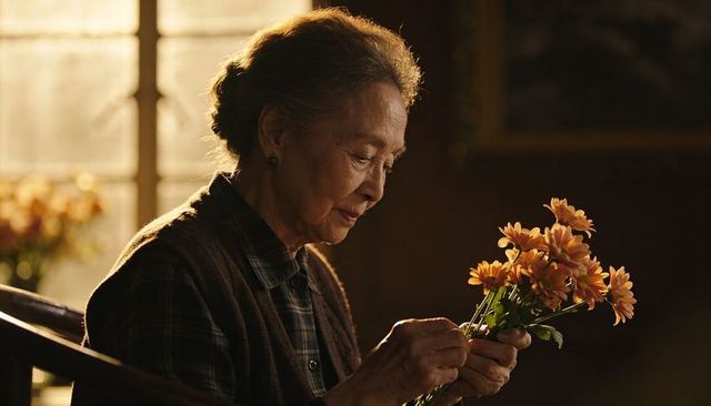 Senior asian woman gently arranging orange daisies by sunlit window, warm home portrait