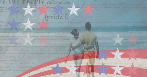 Patriotic Overlay with Couple Strolling on Beach