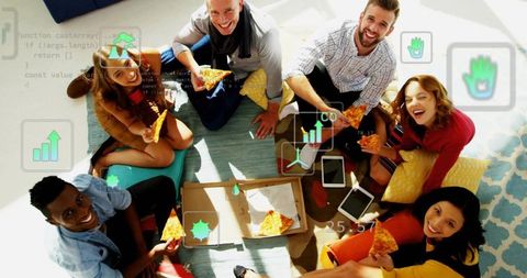 Group of Friends Enjoying Pizza with Modern Technology Graphics