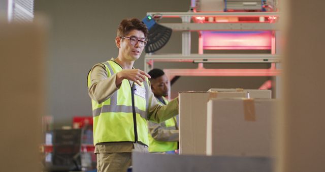Diverse male workers wearing safety suits with boxes on conveyor belt in warehouse. global business, shipping and delivery.
