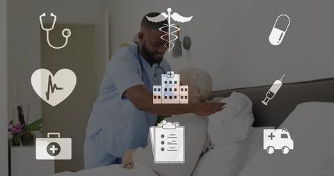 Male caregiver providing compassionate bedside care to elderly woman in homecare