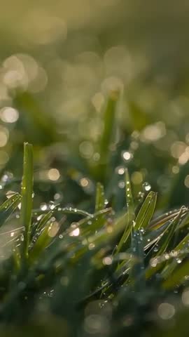 Macro vertical video showing dew sparkling on grass at sunrise with dreamy bokeh