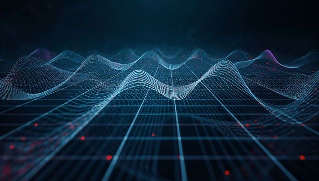 Futuristic digital waveform with glowing blue grid and red data points
