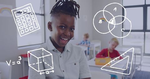 Joyful Schoolboy with Superimposed Math Icons in Classroom Visual