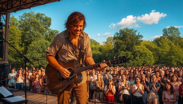 Smiling male guitarist performing on stage at crowded park concert festival, acoustic