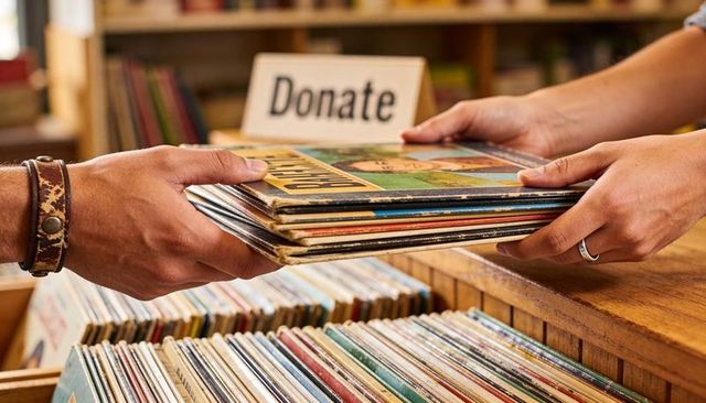 Hands exchanging vintage vinyl records over donate sign at thrift shop counter