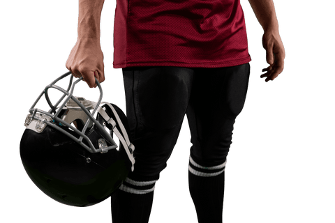 Transparent rugby player holding helmet in sports uniform