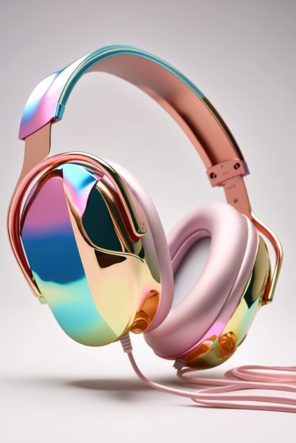 Close up of colorful headphones with wires on grey background created using generative ai technology. Technology and music concept digitally generated image.