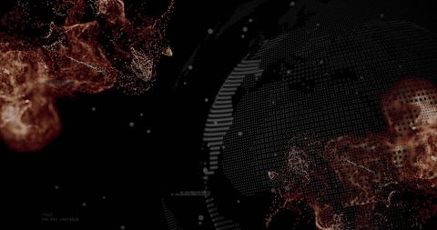 Futuristic digital globe with binary code and abstract copper clouds