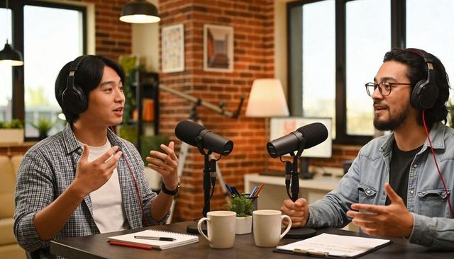 Podcast hosts recording lively conversation, wearing headphones gesturing in brick studio