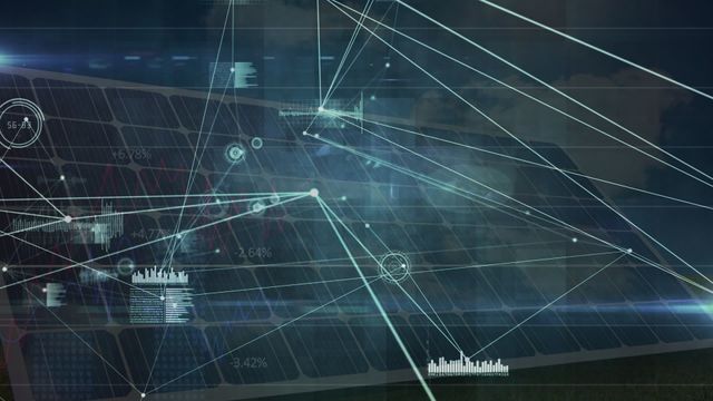 Visual depicting digital network connections overlaying solar panels. Video can be used to illustrate concepts of renewable energy, environmental sustainability, modern technology, and green innovations. Ideal for use in presentations, websites, and educational material related to ecology and energy grid tech solutions.