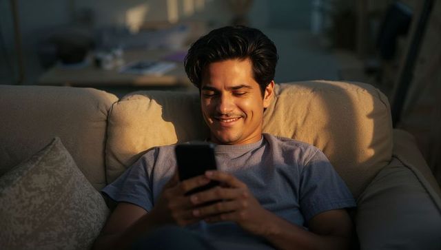 Young man relaxing on sofa smiling while using smartphone in warm living room light