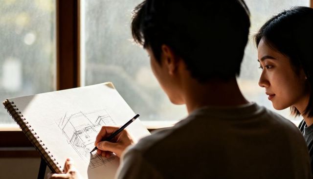 Couple sketching architectural drawing on spiral sketchbook by sunlit window, partner watching