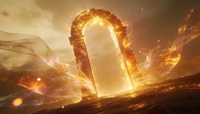 Golden ornate arch portal emitting radiant energy ribbons over scorched cinematic terrain