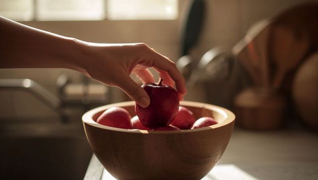 Picking shiny red apple from wooden bowl on sunlit kitchen counter