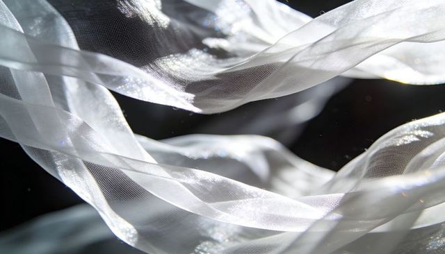 Twisting sheer white fabric ribbons creating luminous wave folds and translucent texture