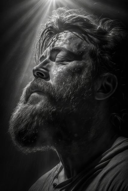Bearded man meditating with eyes closed, illuminated by light rays in black and white. Ideal for wellness, mindfulness, meditation, spirituality, or inner peace-related projects.