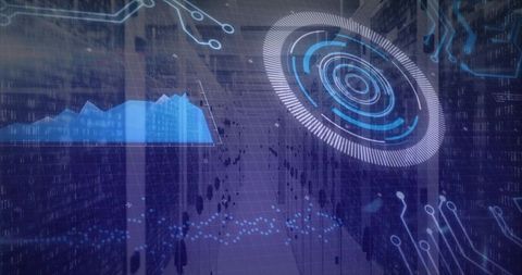 Futuristic Digital HUD Displaying Interactive Data Dashboard with Radar Rings and Charts