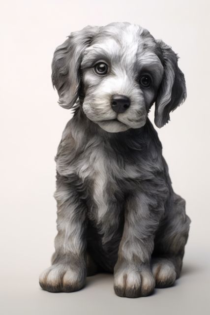 Portrait of cute grey puppy with on white background, created using generative ai technology. Dogs, domestic animals and pets concept digitally generated image.