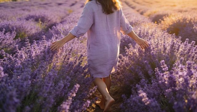 Barefoot woman walking through sunlit lavender rows in lilac linen dress during golden hour