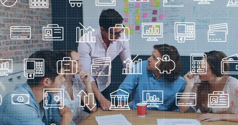 Innovative Team Collaboration with Business Icons Overlay