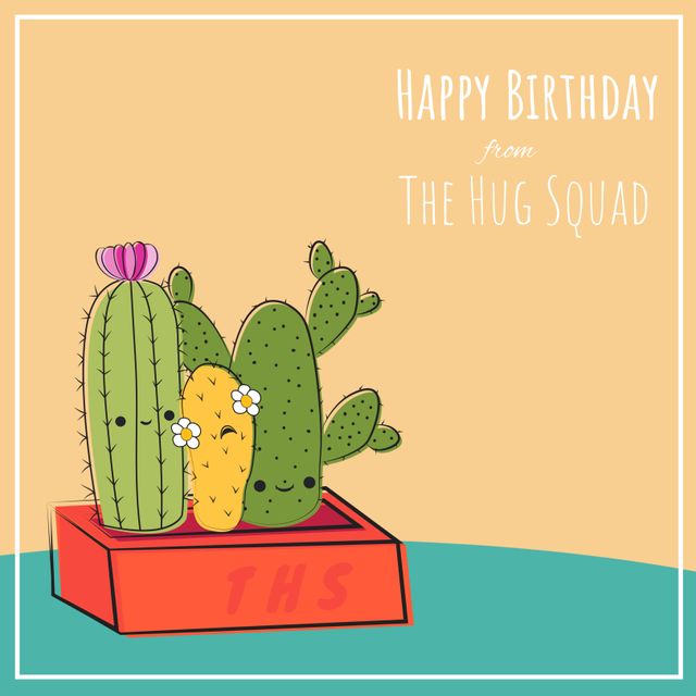 Cute birthday card ideal for celebrating special occasions. Features cheerful cacti characters offering hugs and sending well-wishes. Ideal for use in birthday greeting cards, party invitations, or decoration. Appeals to those who love fun, whimsical illustrations and cactus-themed designs.