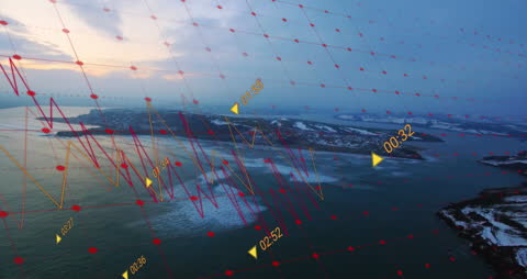 Digital Financial Data Overlay on Coastal Landscape