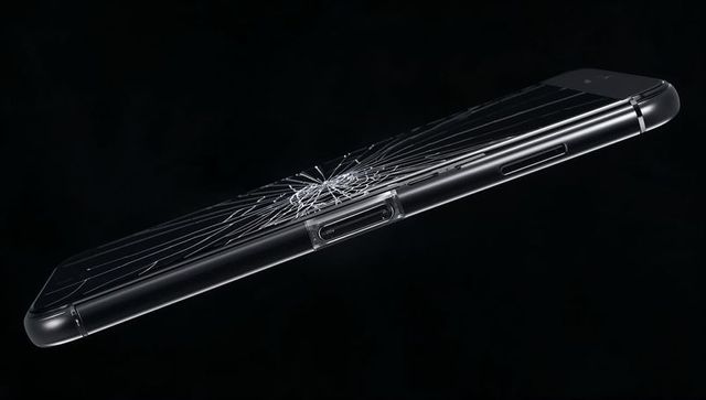 Floating smartphone displaying shattered glass screen with spiderweb cracks, metal frame