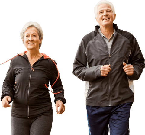 Active senior caucasian couple jogging on transparent background