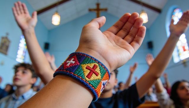 Hands raised in worship with colorful woven bracelet and cross in church sanctuary