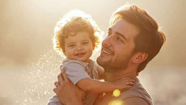 Young father holding toddler at golden seaside sunset smiling backlit family bond joyful