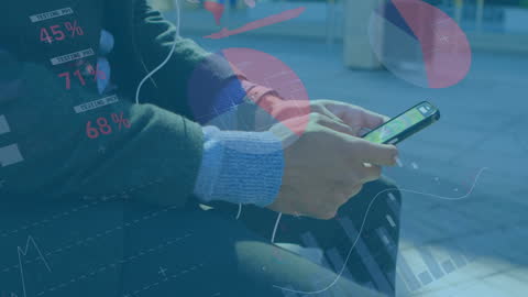 Tech-Savvy Man Using Smartphone with Data Overlay