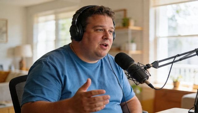Recording podcast host speaking into condenser microphone in bright modern home studio