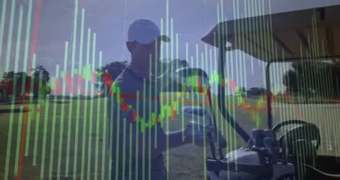 Golfer Selecting Club with Dynamic Financial Chart Overlay
