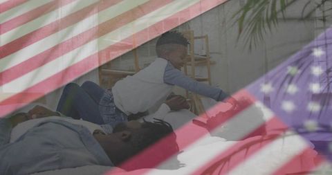 Family Enjoying Relaxation Time with Patriotic Vibes at Home