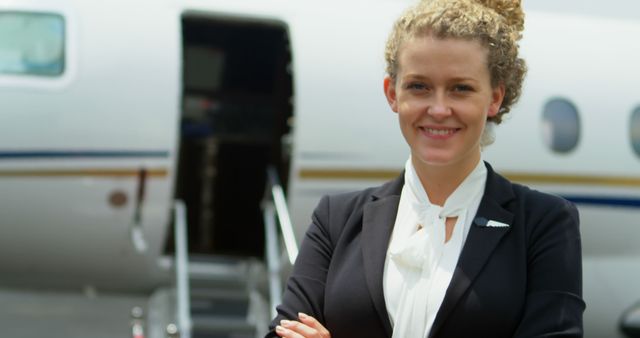 Young Caucasian woman stands confidently in front of an airplane. Her professional attire suggests she's part of the aviation industry, a flight attendant or pilot.