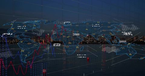 Digital World Map Overlay with Cityscape and Data Graphics - Download Free Stock Images Pikwizard.com