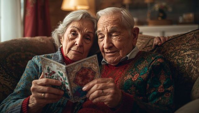 Tender Senior Couple Reading Greeting Card in Cozy Living Room