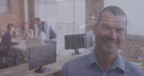 Business Professional Smiling Against Stock Data Background