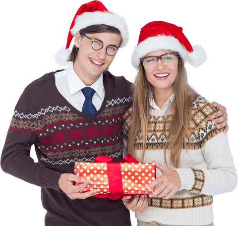 Transparent hipster couple with gift and santa hats celebrating christmas