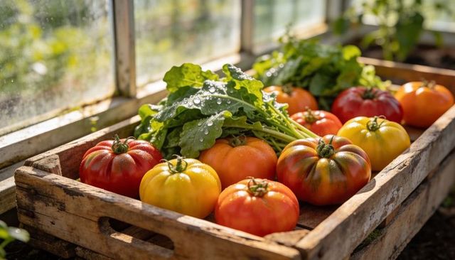 Sunlit heirloom tomatoes and dewy arugula in rustic wooden crate on greenhouse bench