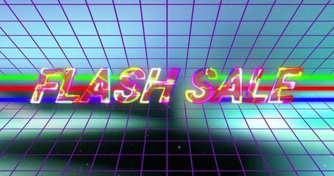 Neon flash sale sign on futuristic grid background