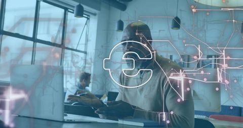 Man typing on laptop and checking smartphone with euro hologram in coworking office