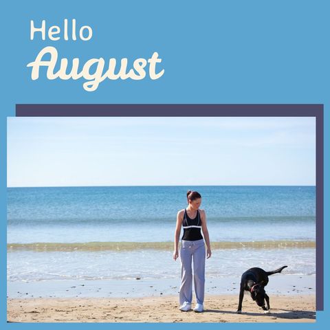 August Beach Fun: Young Woman and Black Dog