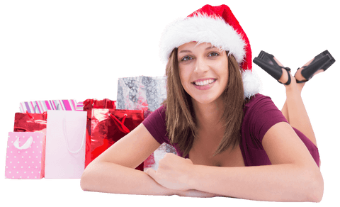 Happy Woman in Santa Hat with Gift Bags in Transparent Background