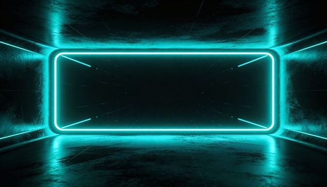 Cyan neon portal glowing in futuristic reflective corridor with rounded rectangular frame